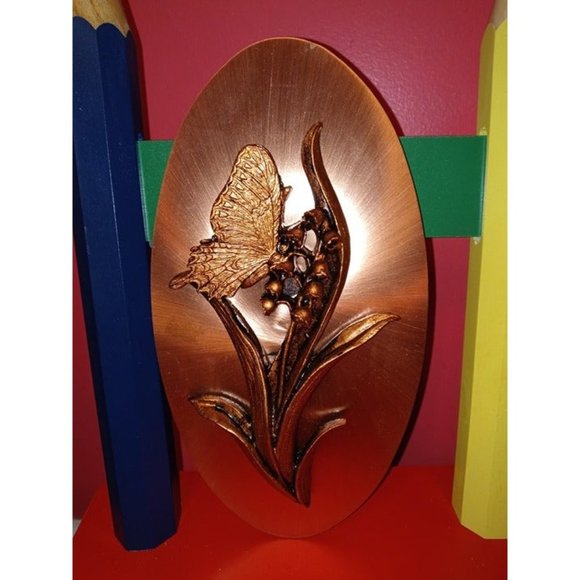 3D Copper Butterfly on Lily of The Valley Oval Plaque, - Picture 2 of 3